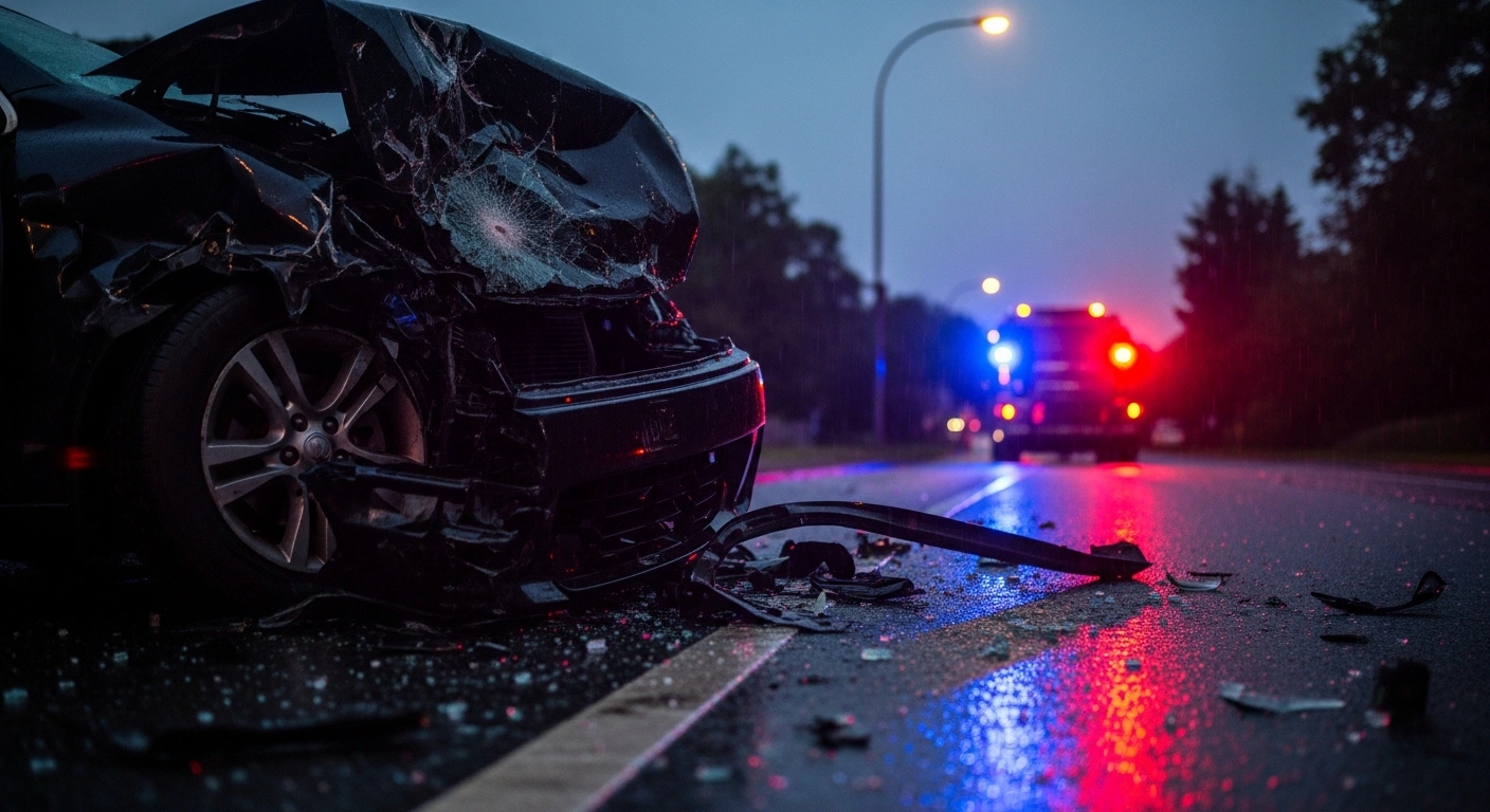 A damaged car sits on a wet road in Smithfield after a drink-driving crash involving a 70-year-old man.