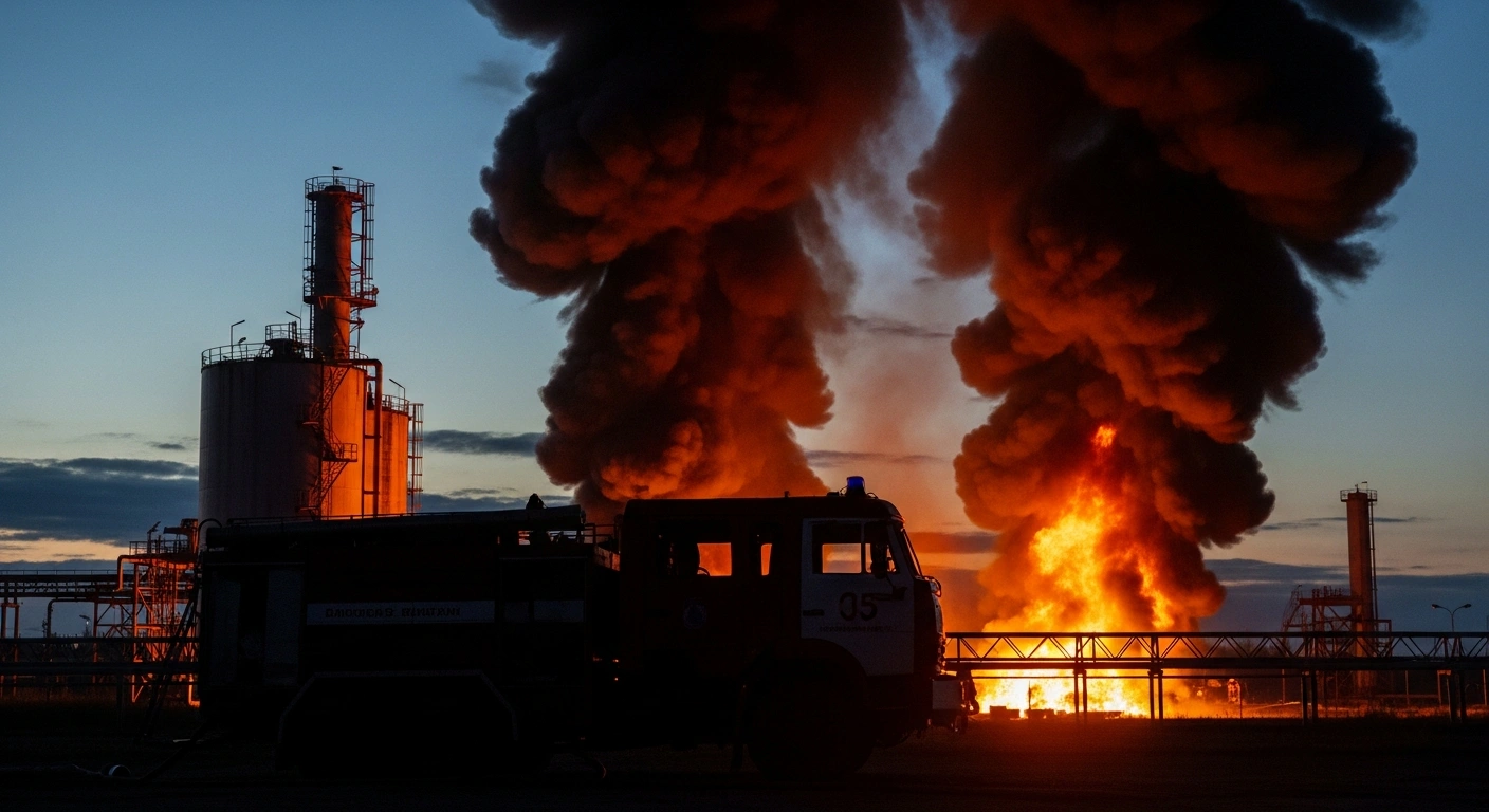 A burning fuel and energy facility in the Smolensk region following a drone attack, with emergency fire trucks visible at the scene.