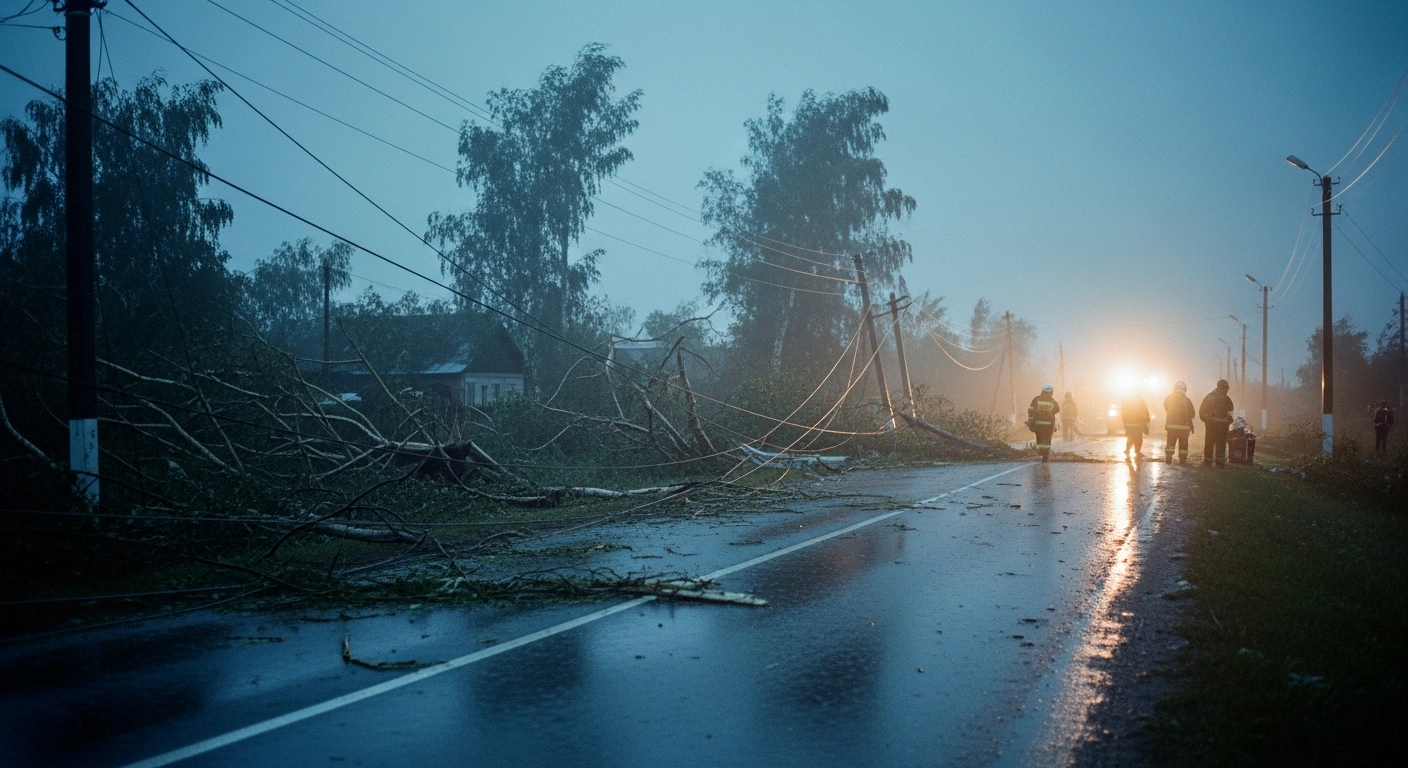Emergency crews work to clear debris and restore power in the Smolensk region following a severe storm that caused extensive infrastructure damage.