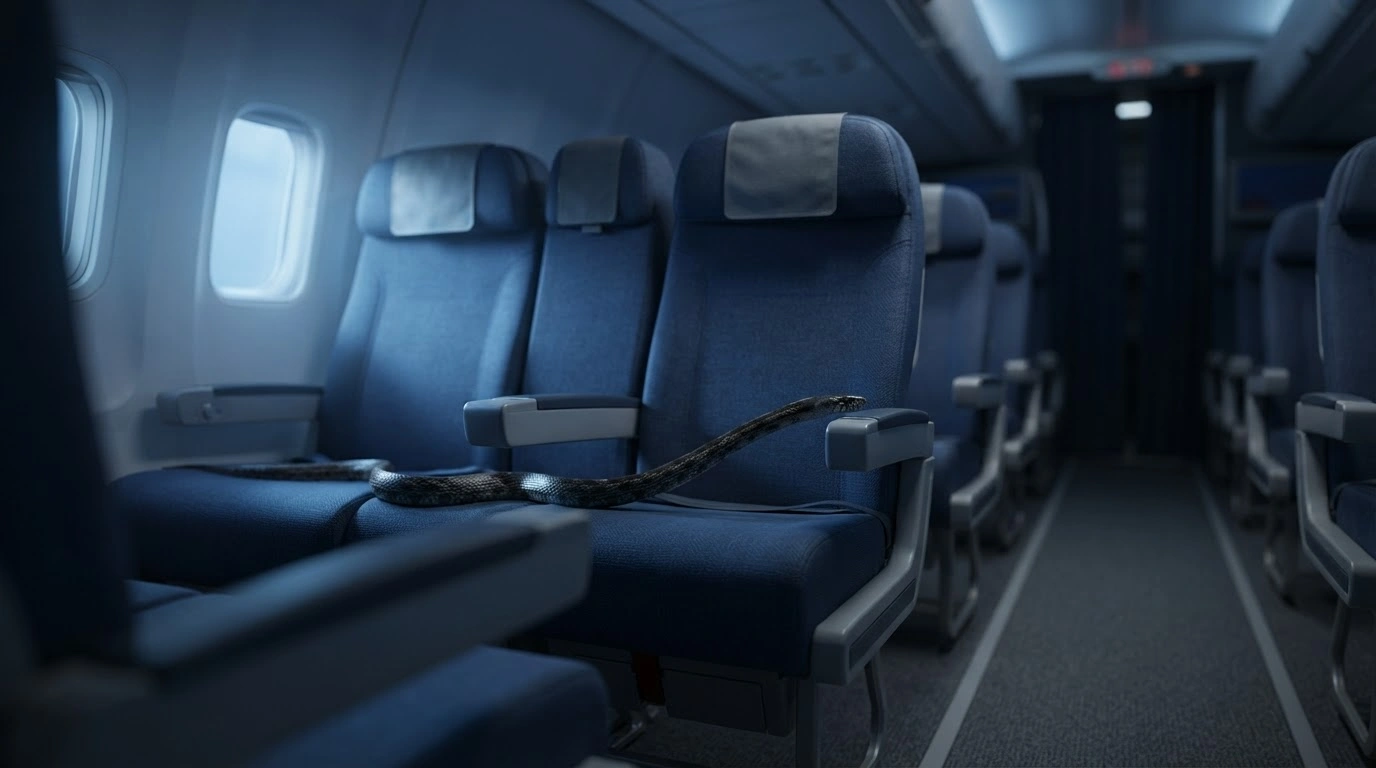 A nonvenomous snake is found on an empty seat inside a Japan Air Commuter airplane cabin at Fukuoka Airport.