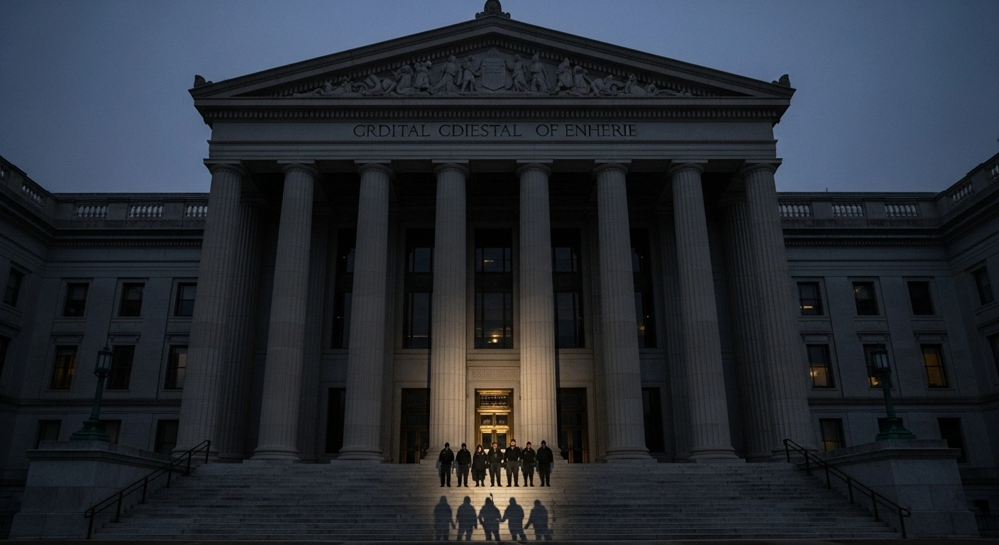 A dramatic low-angle shot captures a grand, shadowed federal building under a pre-dawn sky, with a small group of people silhouetted in the foreground, representing the legal challenge by 25 U.S. states and D.C. against the Trump administration regarding the suspension of SNAP benefits for 42 million Americans amidst a government shutdown.