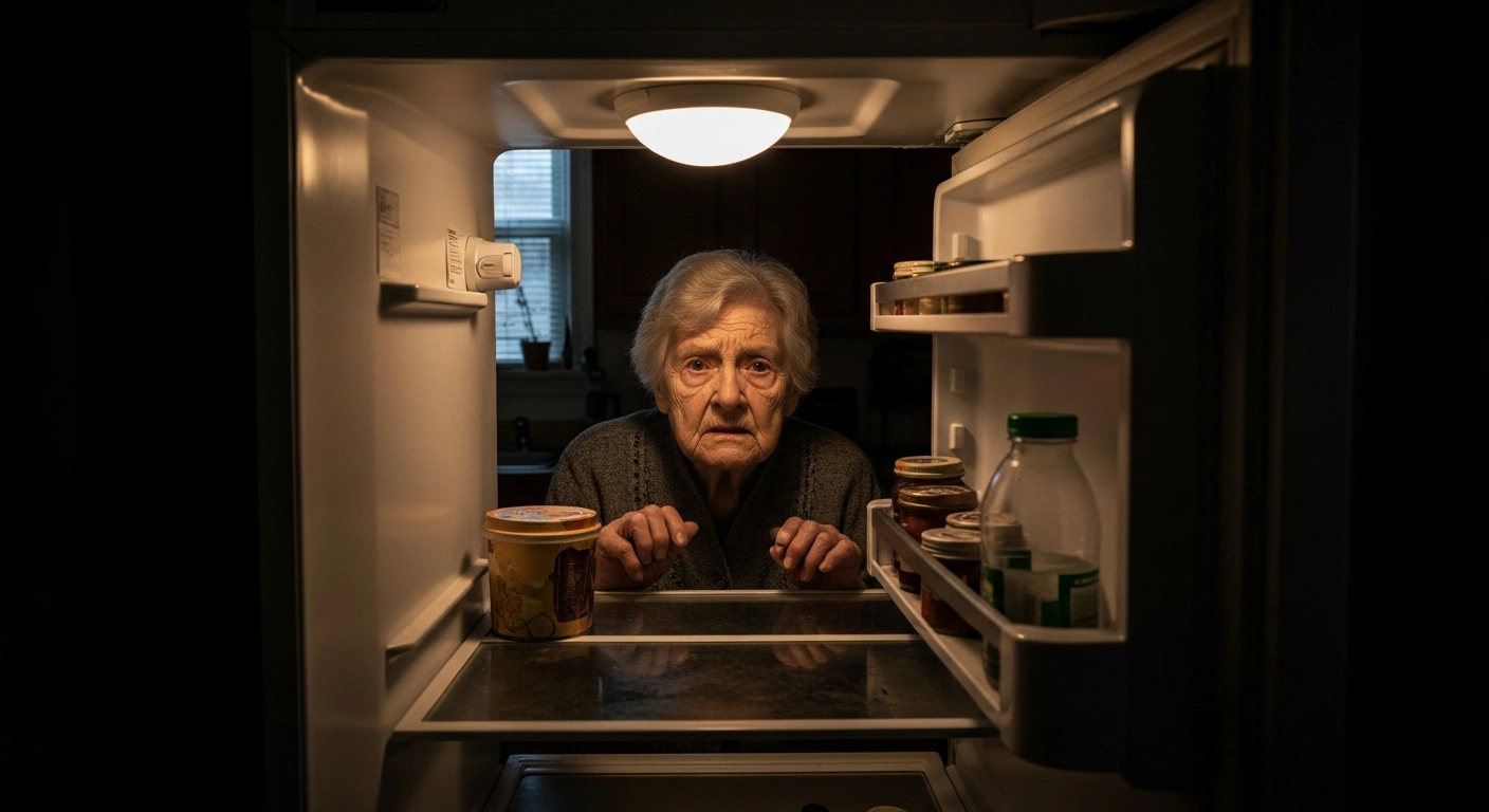 An elderly woman with a worried expression gazes into a nearly empty refrigerator in a dimly lit, modest kitchen, visually representing the strain on state budgets and increased hunger resulting from significant SNAP cost shifts to states.