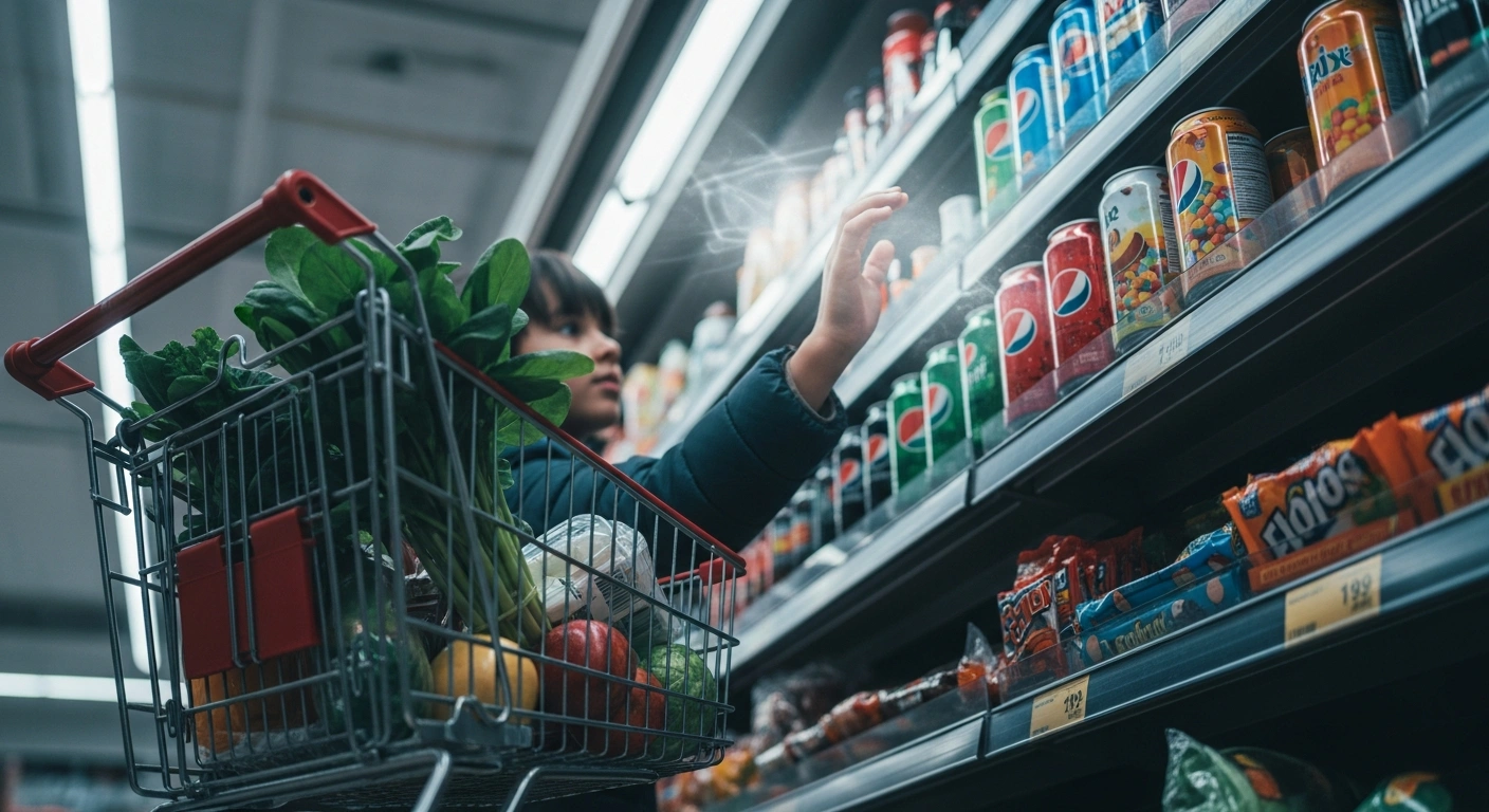 A close-up, low-angle view inside a grocery store shows a shopping cart with fresh produce, while a hand reaches towards a blurred display of soda and candy, symbolizing new SNAP restrictions on unhealthy food purchases in U.S. states to curb chronic diseases.