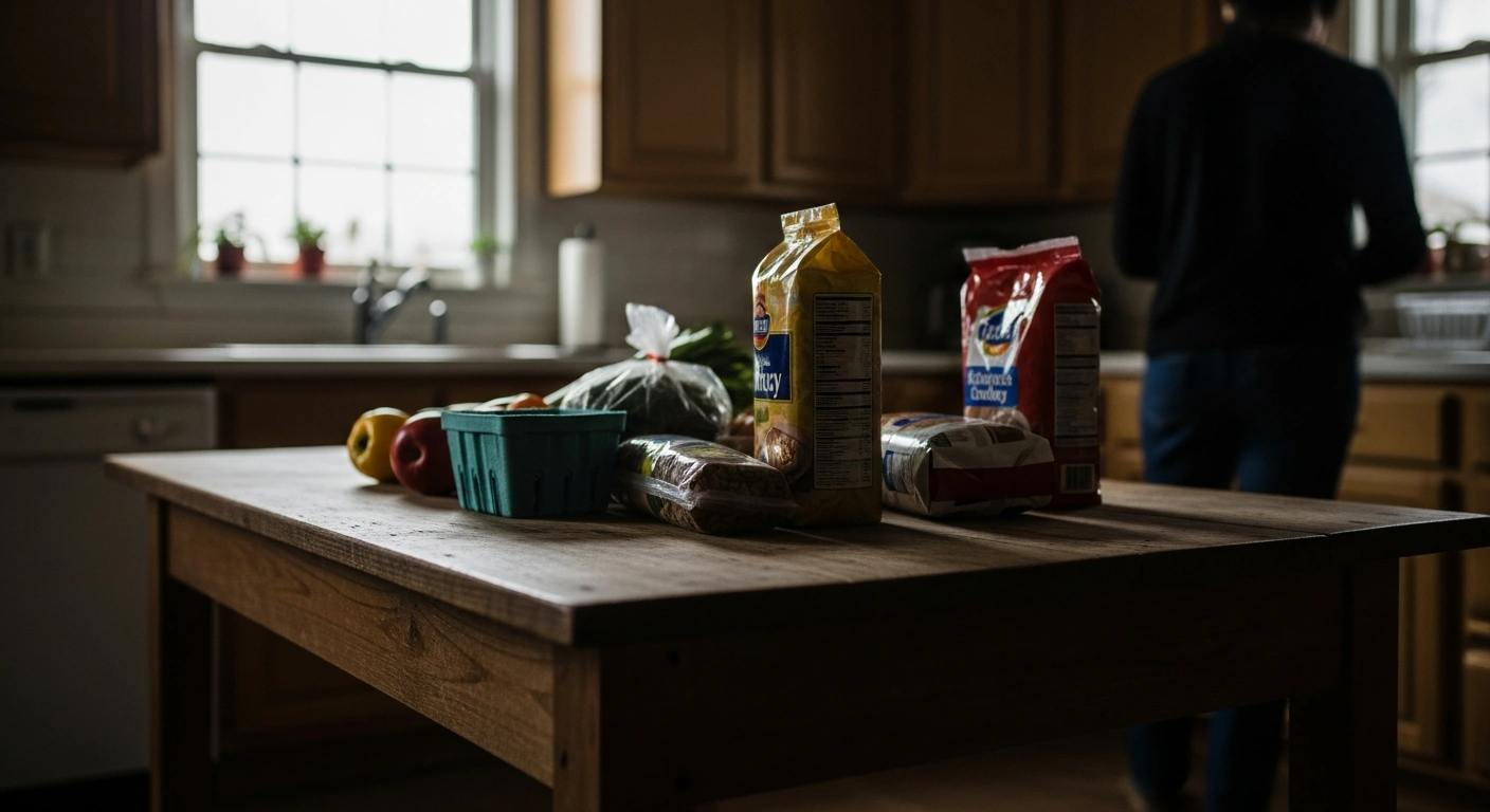 A collection of basic food items sits on a kitchen table representing the dietary restrictions faced by SNAP recipients involved in a lawsuit against the USDA.