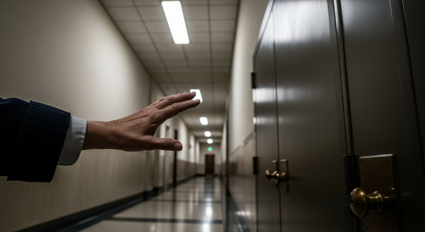 An elderly hand reaches towards a closed, imposing door in a dimly lit government building hallway, symbolizing the uncertainty of SNAP payments for 42 million Americans during a government shutdown.