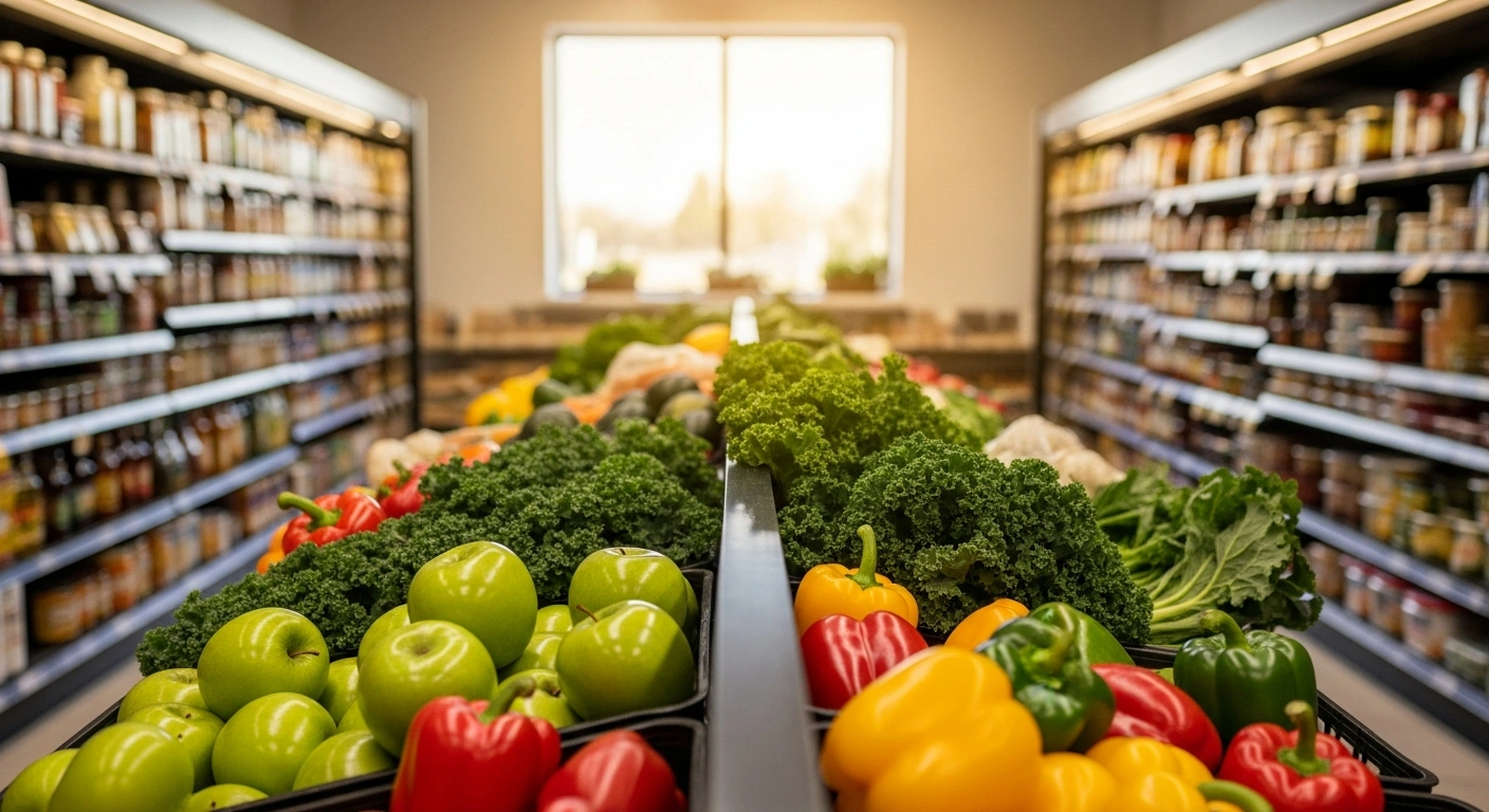 A well-stocked grocery store aisle displays a wide variety of fresh fruits and vegetables to represent updated SNAP retailer stocking standards.