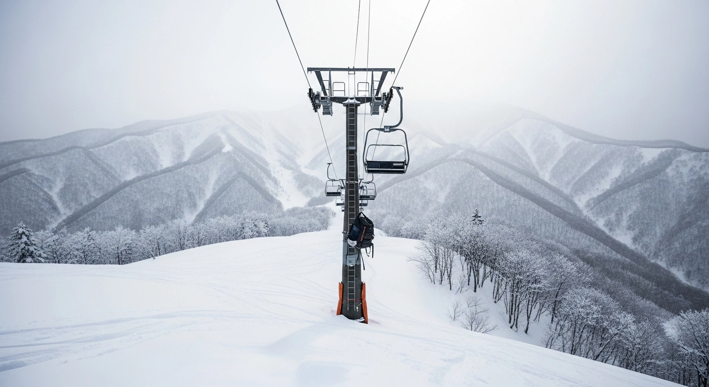 A solitary ski lift chair is suspended high above a snow-covered Japanese mountain resort, with a snowboarder's backpack visibly entangled in its mechanism, under a cold, diffused winter sky, representing the tragic incident involving Brooke Day.