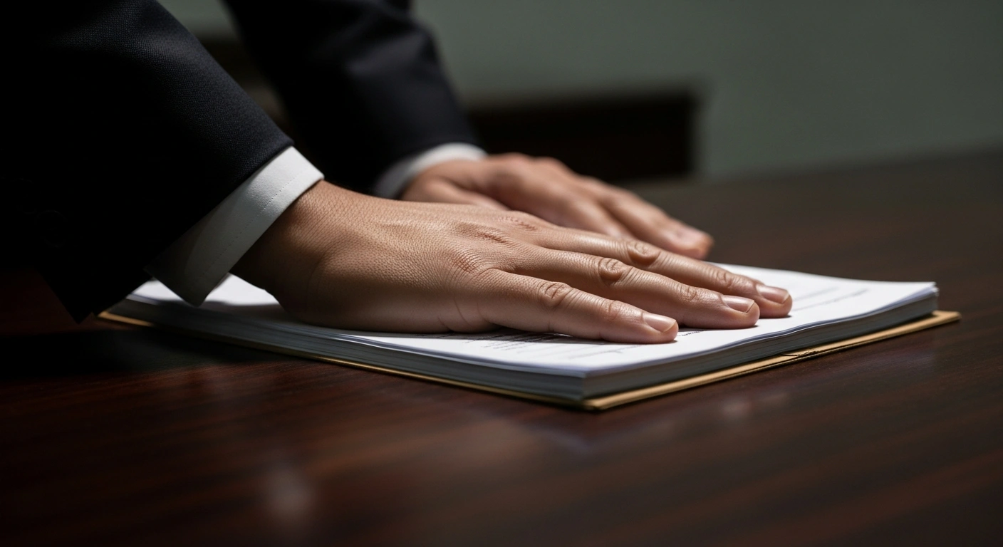 A close-up of a hand firmly pressing down on a stack of official documents on a desk, symbolizing the National Health Service (SNS) in the Dominican Republic halting a nutrition services contracting process due to identified irregularities and lack of transparency, and initiating a review of bidding processes.