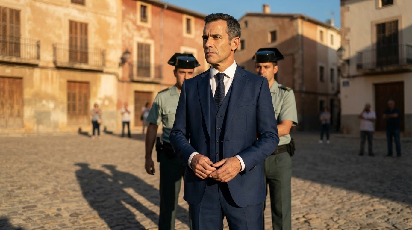 A former television actor accused of a multi-million pound fraud scheme stands in a Spanish plaza after being arrested by authorities.