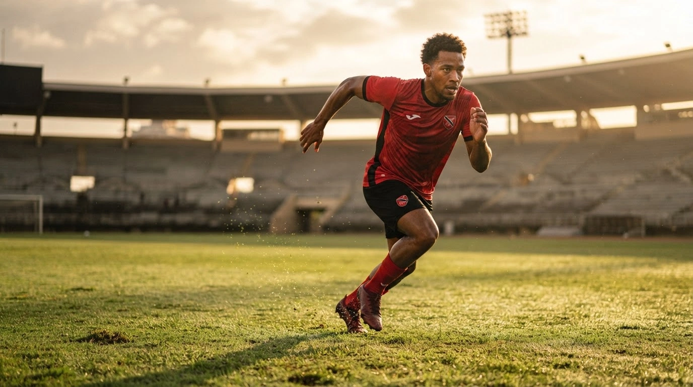 A Trinidad and Tobago national football player sprints across the field during an intense training session for the CONCACAF Nations League.