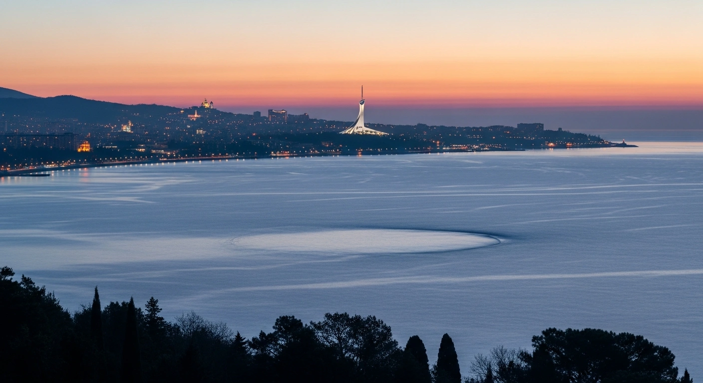 A wide-angle, cinematic view of the Black Sea at dawn, with the distant, illuminated skyline of Sochi, Russia, on the horizon, depicting the area after two moderate 4.4 and 4.5 magnitude earthquakes occurred with no reported damage or casualties.