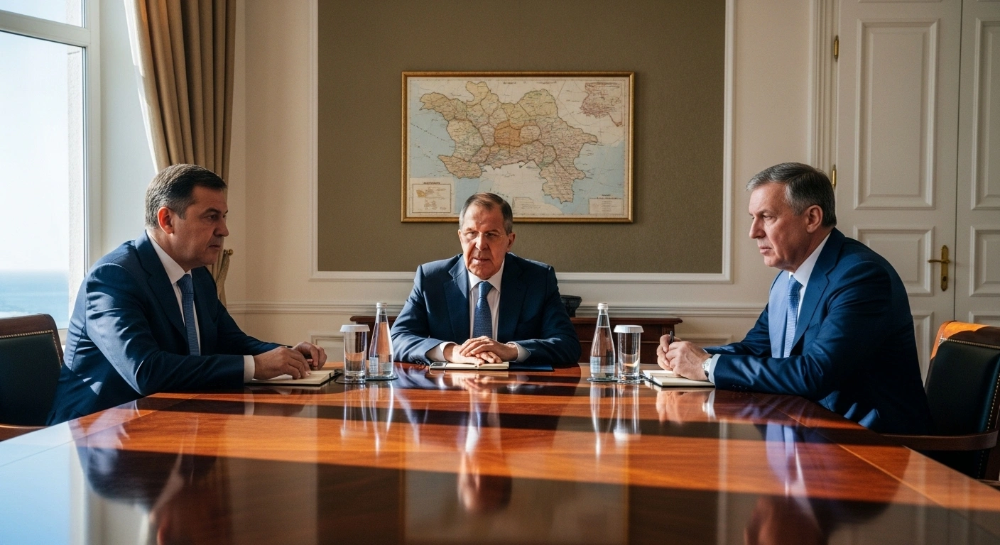 Three foreign ministers, representing Russia, South Ossetia, and Abkhazia, including Sergey Lavrov, Akhsar Dzhioev, and Oleg Bartsits, are depicted in a formal conference room in Sochi, seated around a polished table with a map of the South Caucasus visible in the background, discussing regional security and stability.