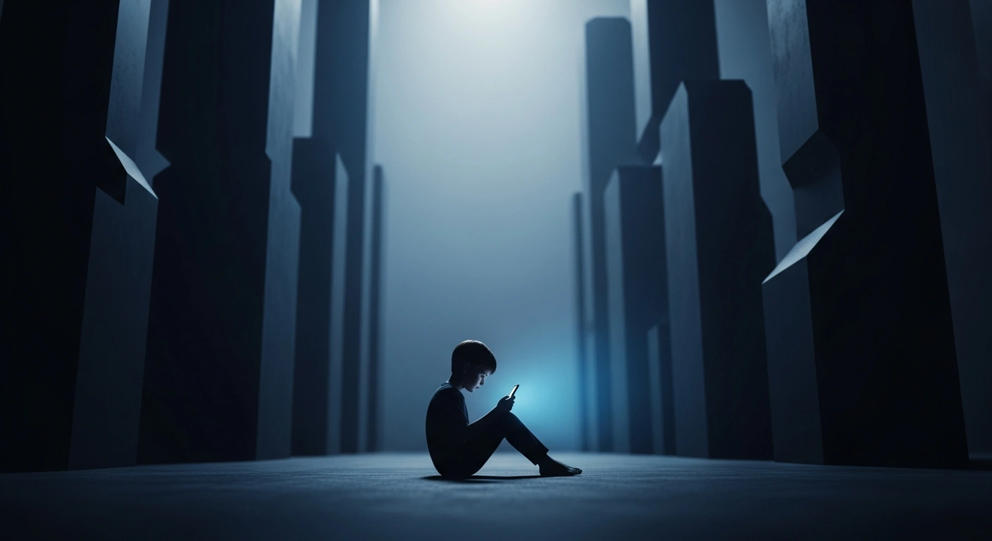 A child sits alone in a dark room while illuminated by the blue light of a smartphone, representing the impact of social media on youth mental health.