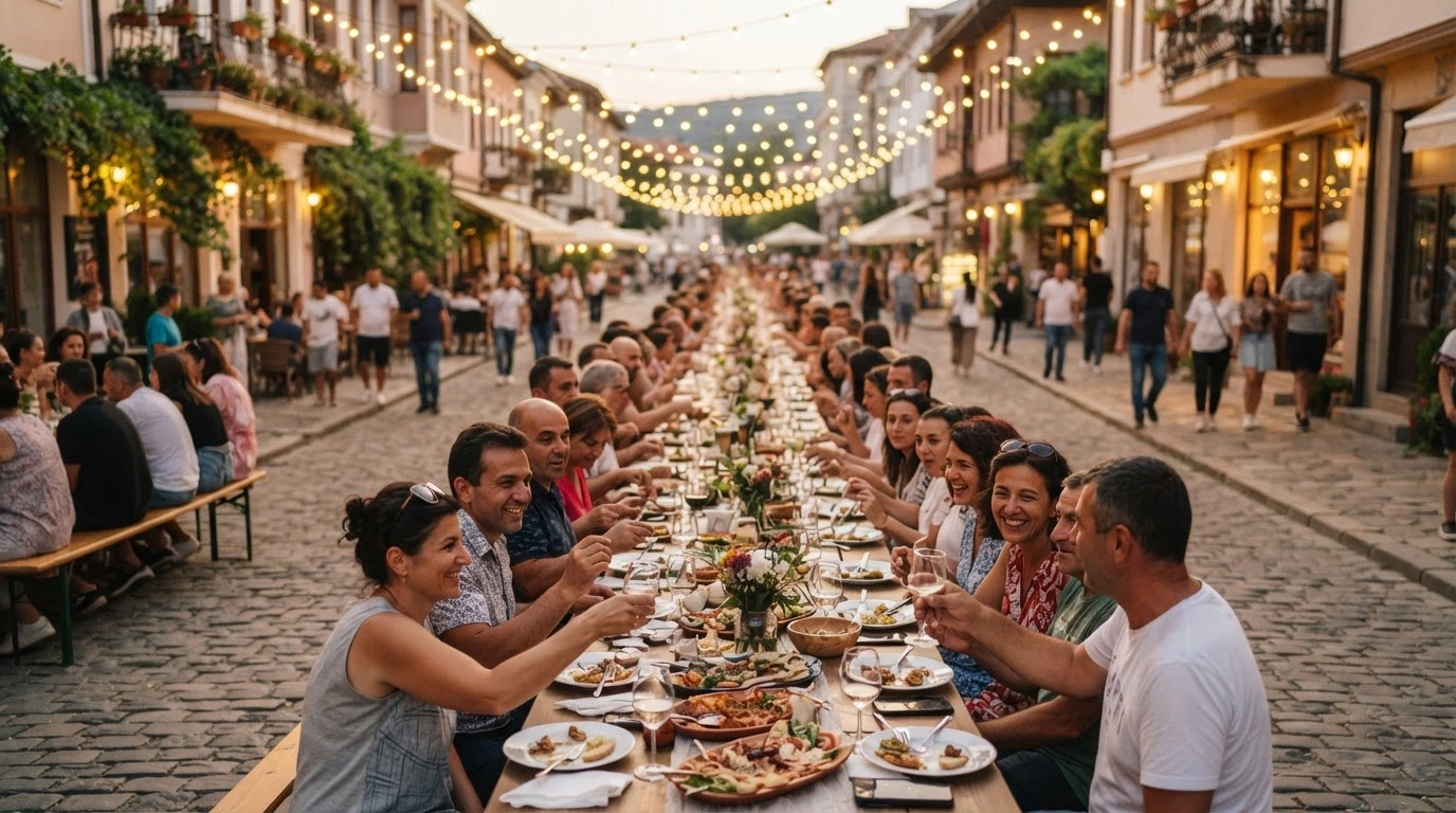 Residents and local businesses gather at a long community dining table on Veliko Turnovo Street in Sofia for a large public meal event.