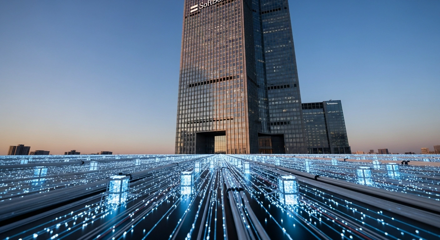 A towering, modern skyscraper representing SoftBank Group casts a long shadow over a sprawling, glowing network of fiber optic cables and miniature data center structures, symbolizing its acquisition of DigitalBridge for digital infrastructure and AI expansion.