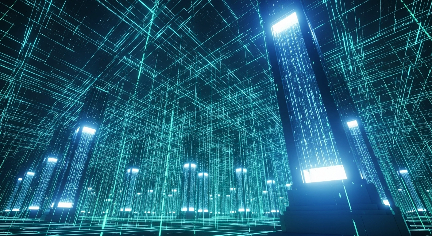 A monumental, futuristic data infrastructure hub, illuminated by electric blue and emerald green light, features an intricate web of glowing data pathways extending into the distance, symbolizing the expanded foundational infrastructure for next-generation AI services following SoftBank Group's acquisition of DigitalBridge Group.