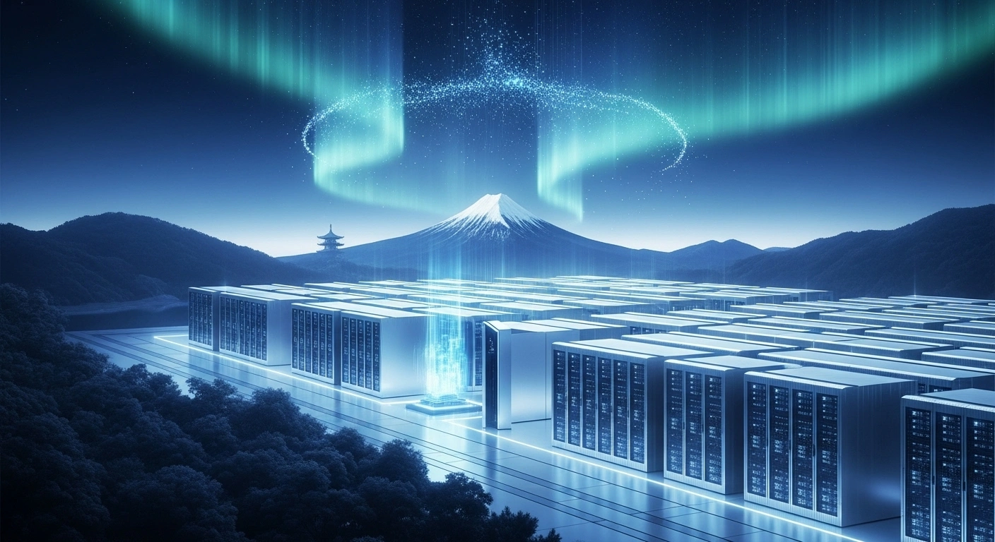 A futuristic data center with glowing blue and white server racks is depicted in a serene Japanese landscape, with digital data streams forming an aurora above a distant mountain, symbolizing the advanced cloud infrastructure SoftBank and Oracle are deploying in Japan for secure AI and cloud services.