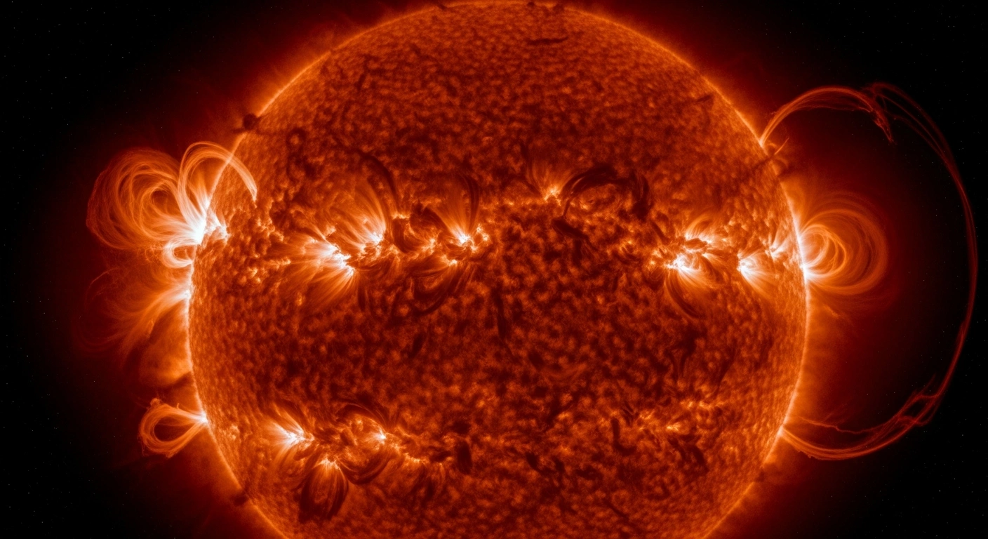 A massive solar flare erupts from the sun's surface, causing minor radio communication disruptions across the United States.