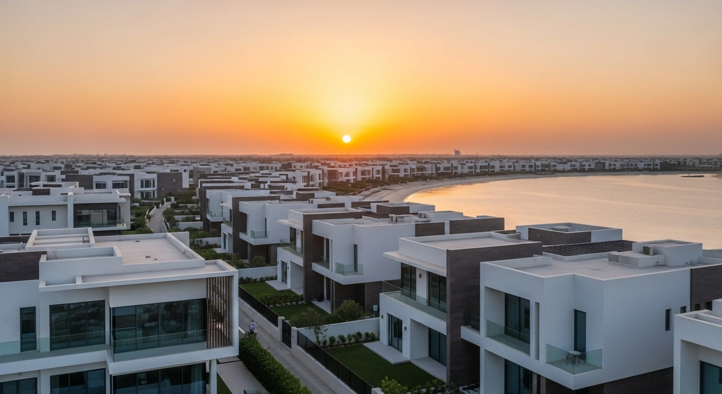 A wide-angle drone shot at sunset shows a modern coastal residential community with sleek villas reflecting the golden light, representing the new Soleya development by Al-Tahaluf and KAEC, designed for modern coastal living.