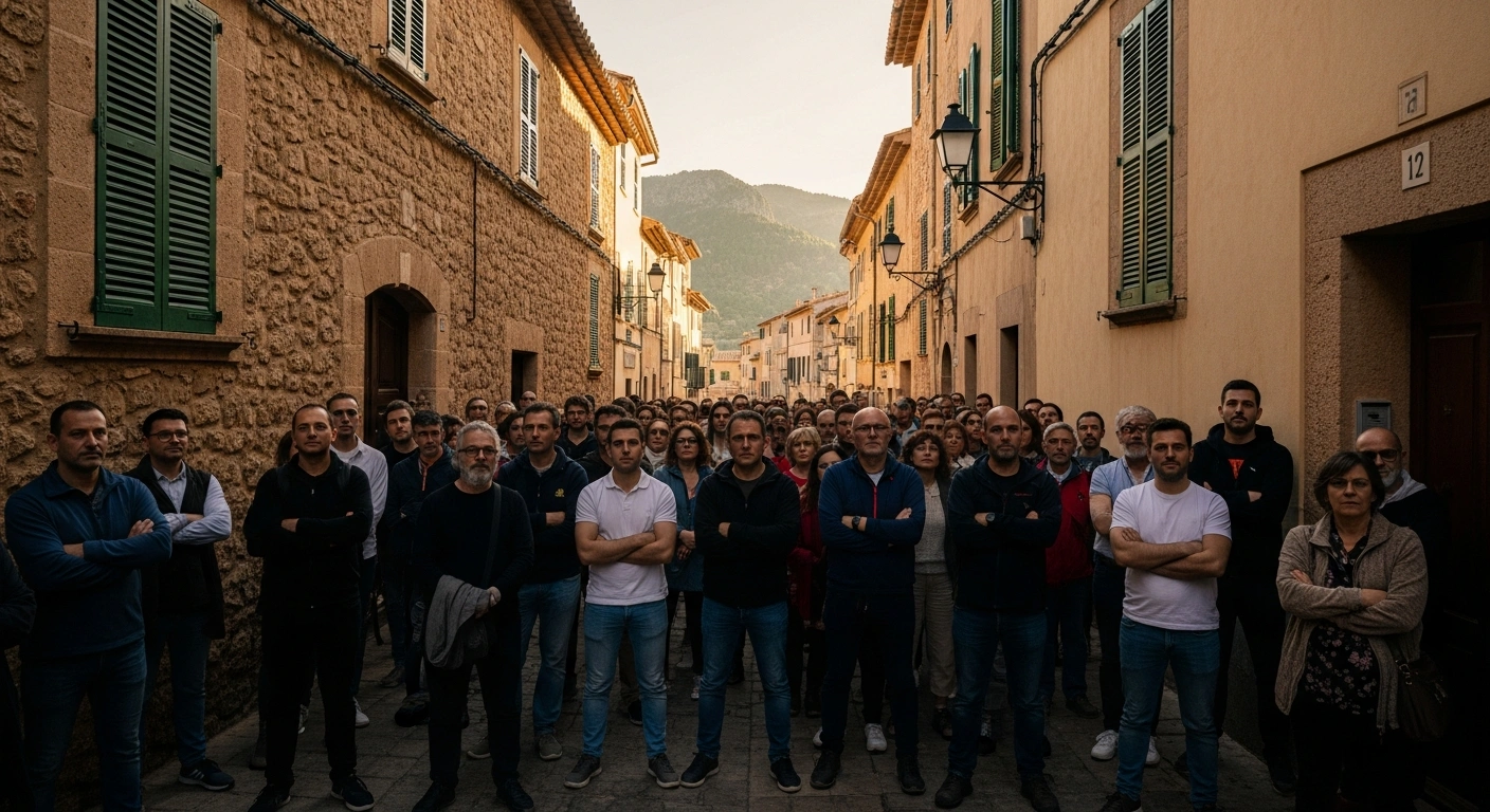 Local residents gather in a historic street in Sóller, Mallorca, to protest against the negative impacts of mass tourism on their community.