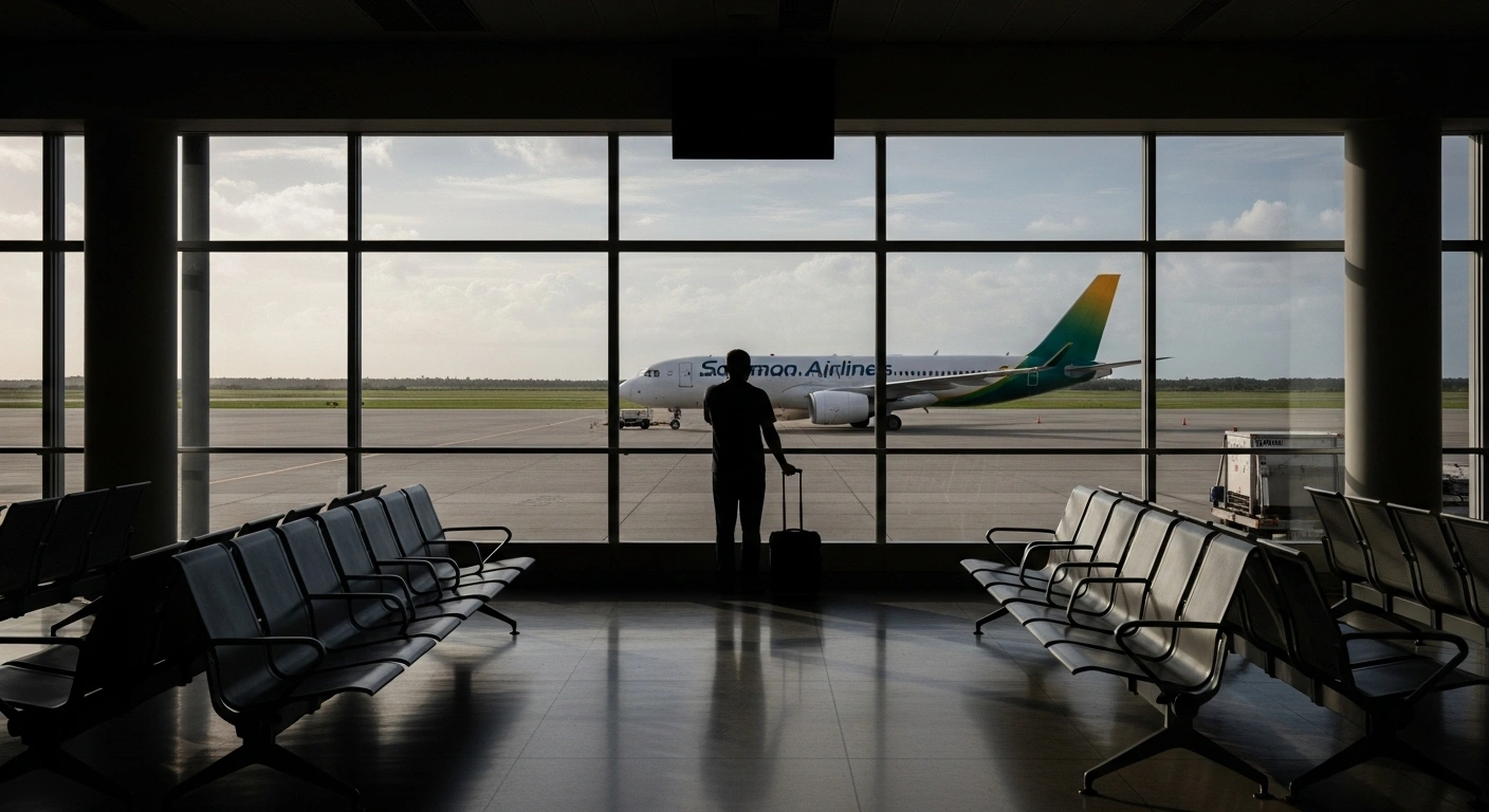 A deserted airport terminal with a lone passenger looking out at a grounded Solomon Airlines plane on the tarmac, symbolizing the suspension of four critical domestic flights on September 26, 2025, impacting travel between Honiara and the islands of Auki, Uru Harbour, and Manaoba.