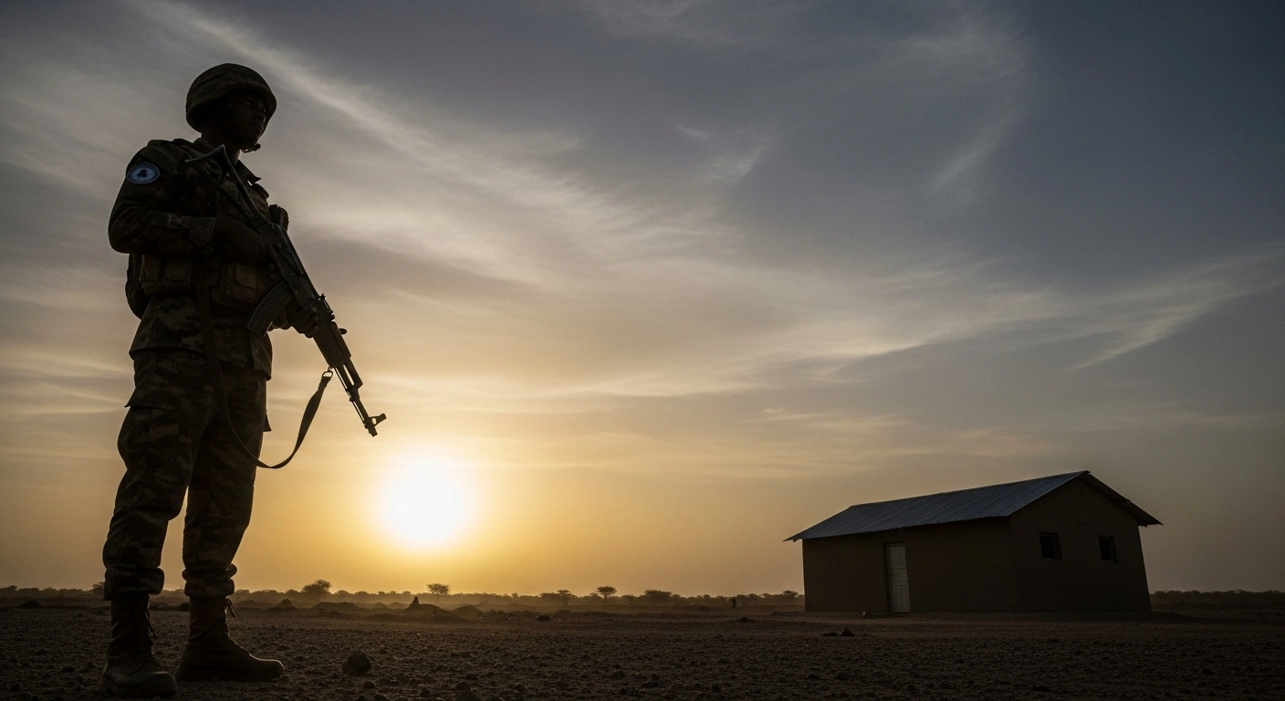 An African Union peacekeeper stands guard at sunset over a newly constructed building in Somalia, symbolizing the nation's security achievements, which are at risk from Al-Shabaab without critical funding for AUSSOM.