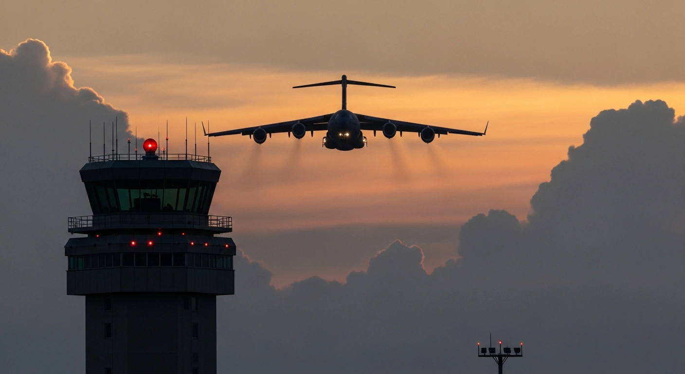 A large, dark military cargo aircraft is depicted against a dramatic, stormy sunset sky, symbolizing Somalia's ban on United Arab Emirates military and cargo flights from its airspace due to alleged sovereignty violations and strained diplomatic relations.