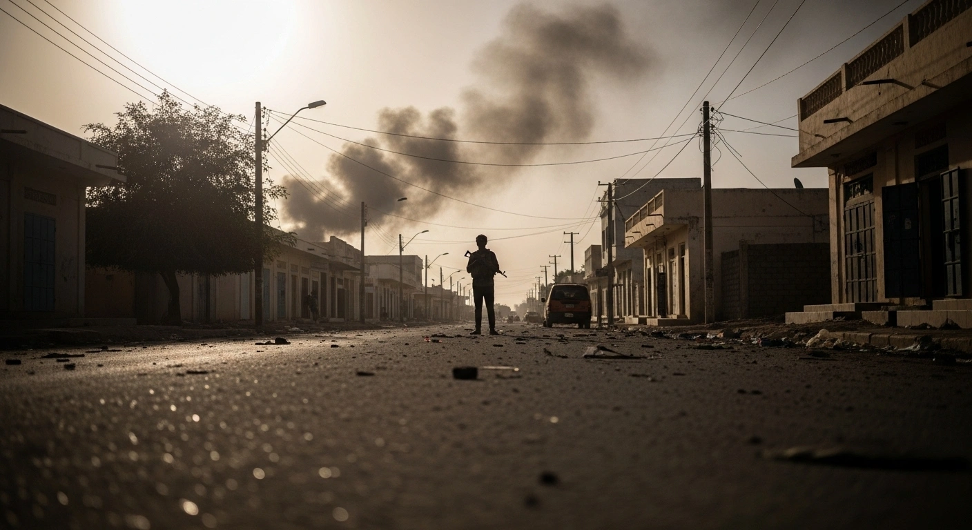 A low-angle, wide shot captures a heavily armed figure standing guard amidst debris and a distant smoke-plumed building under harsh late afternoon sun in a dusty Somali town, symbolizing the intense fighting between Geeledle and Dabarre clans in Dinsoor district, Bay region, Somalia, which caused fatalities and injuries amidst an Al-Shabaab siege and the presence of SNA and ATMIS forces.
