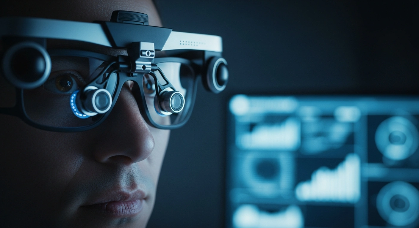 A researcher wearing advanced eye-tracking technology in a laboratory setting to analyze cognitive load and human attention.
