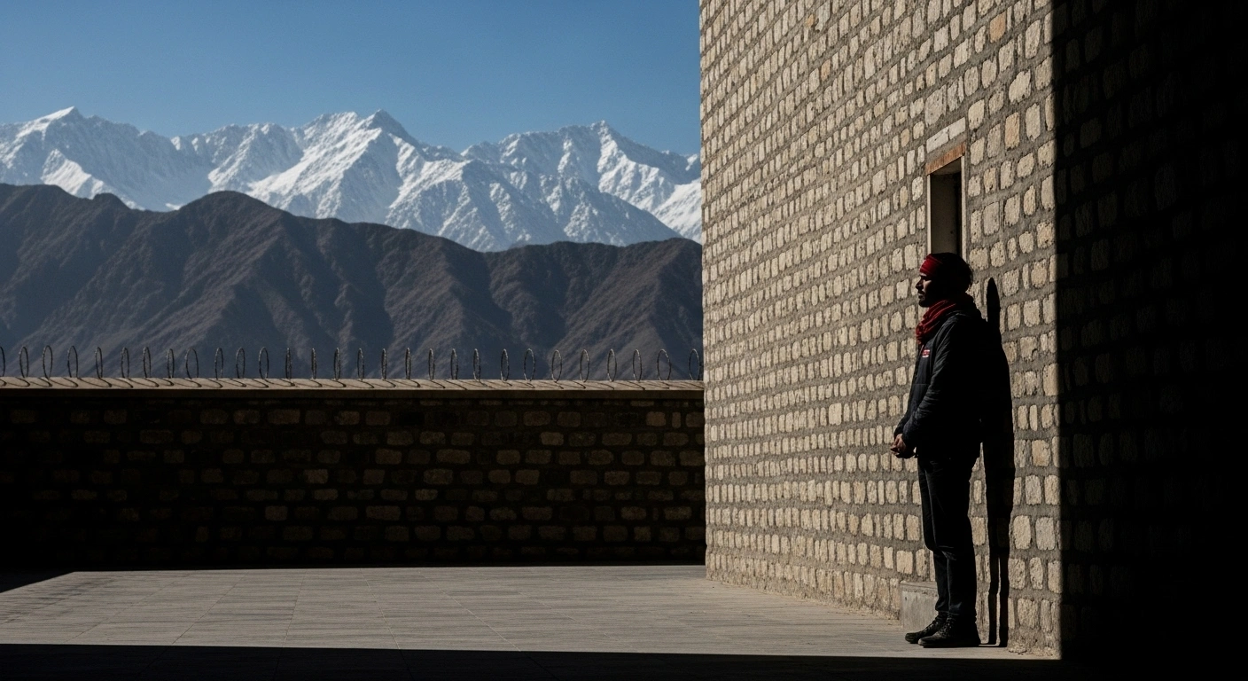 A lone climate activist, reminiscent of Sonam Wangchuk, stands silhouetted against a high-security prison wall, with rugged, snow-capped mountains in the blurred background, symbolizing his detention under India's National Security Act following violent protests in Leh, Ladakh.