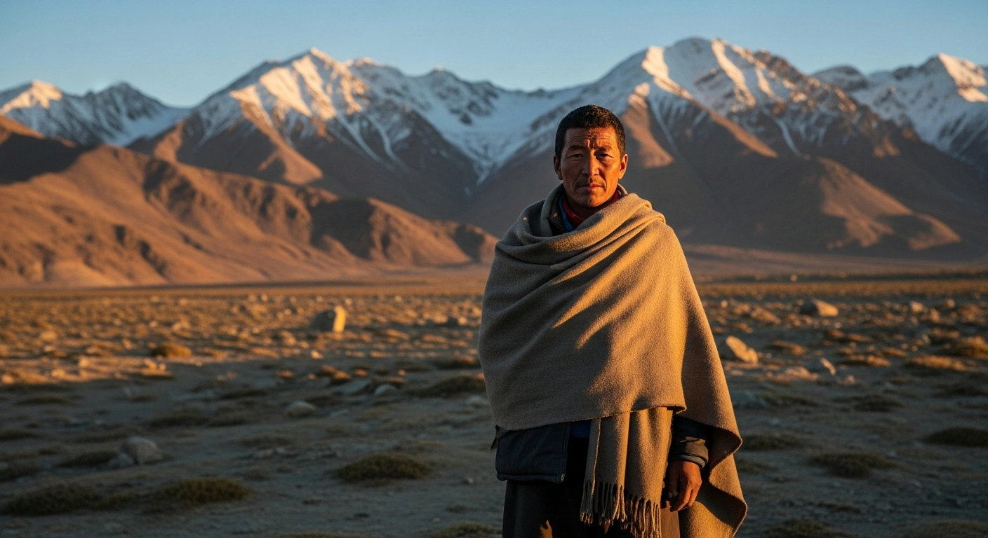 Climate activist Sonam Wangchuk stands in the mountainous landscape of Ladakh, India, following the conclusion of his hunger strike for regional statehood.