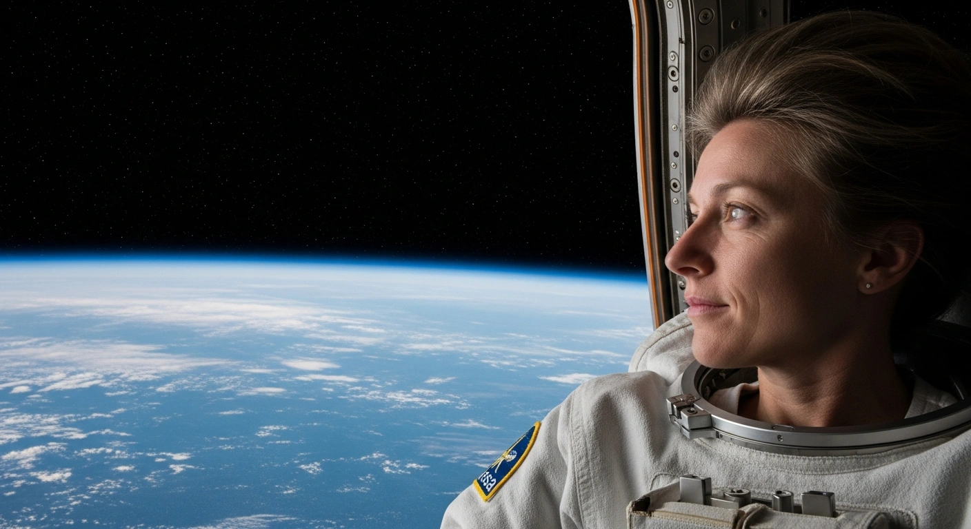 ESA astronaut Sophie Adenot, a French Air Force pilot, is depicted inside the International Space Station's cupola, gazing at Earth during her nine-month scientific expedition after launching on the SpaceX Crew-12 mission.