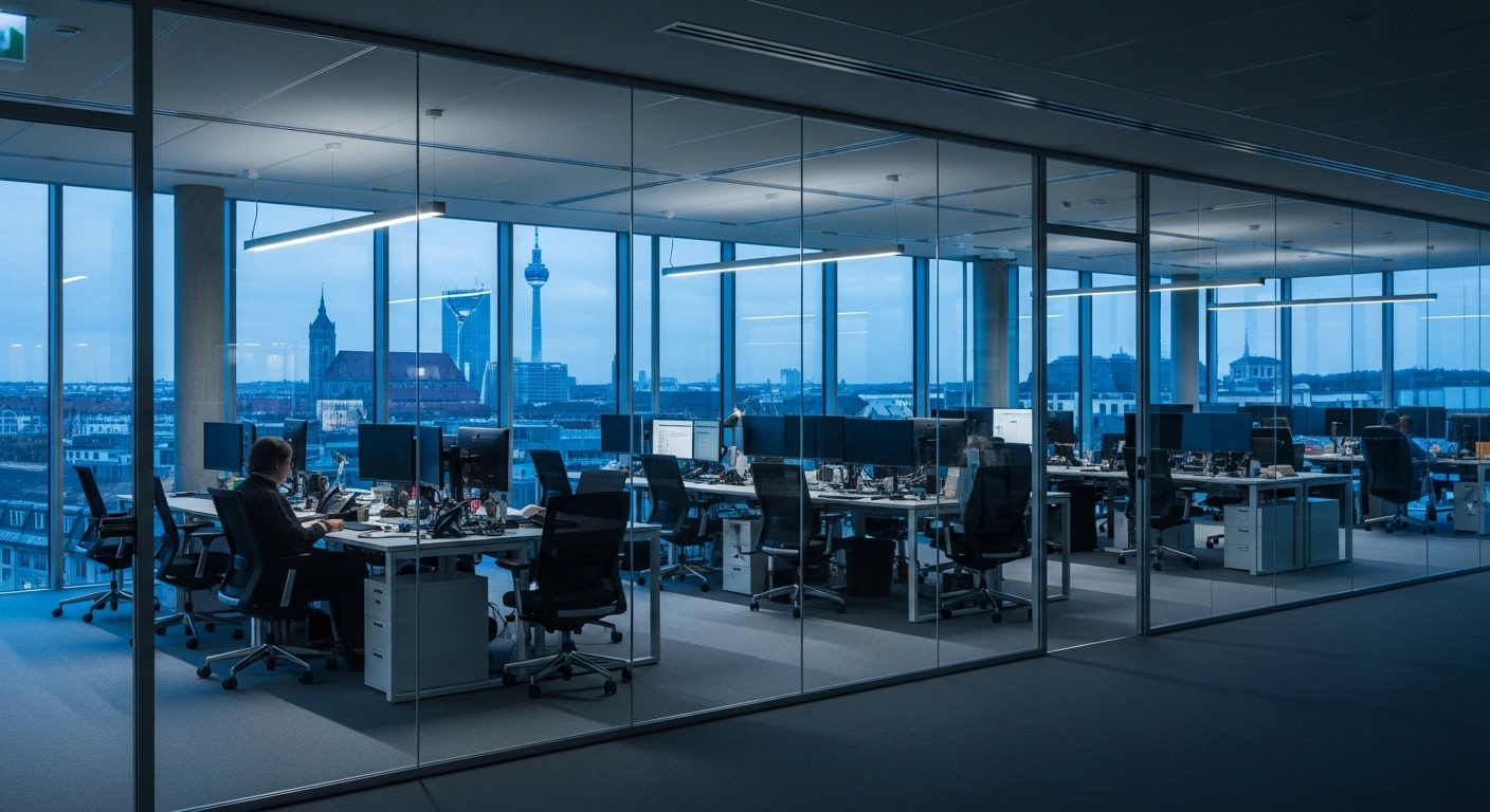 A modern, high-tech office interior in Munich represents the European expansion of the technology communications consultancy SourceCode Communications.