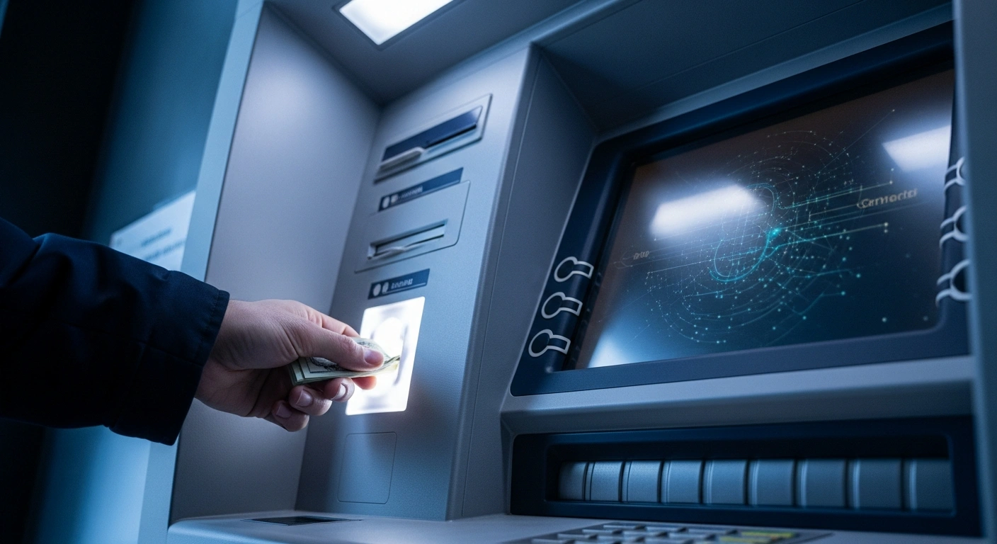 A close-up, low-angle shot of a hand interacting with a modern ATM, its screen subtly reflecting digital data streams, symbolizing new South African banking regulations restricting cash withdrawals to combat fraud and promote digital transactions.