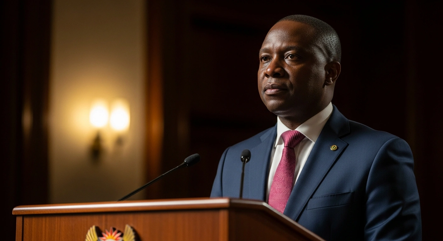 South African Finance Minister Enoch Godongwana delivers the 2026 Budget Speech at a podium, outlining plans for fiscal consolidation, economic reforms, debt stabilization, infrastructure investment, and social spending.