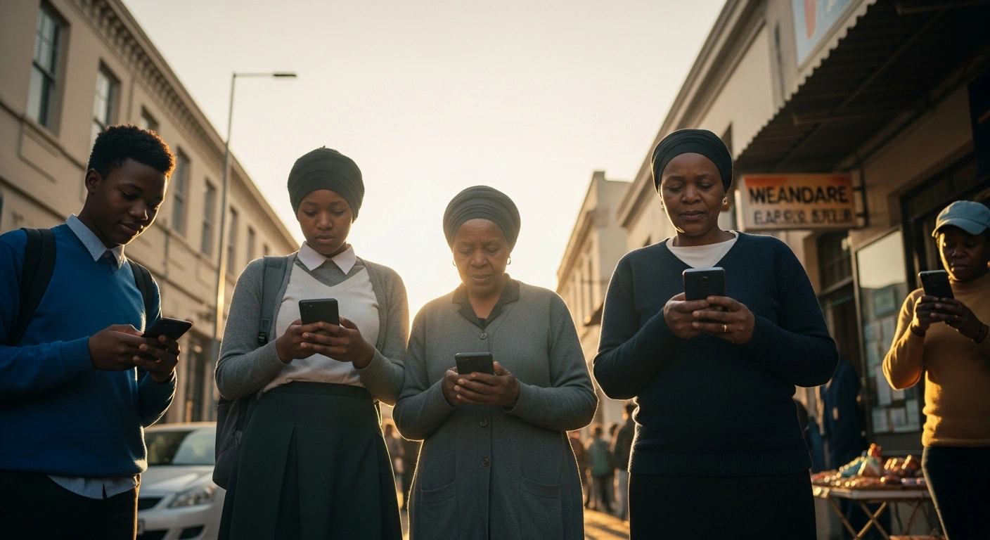 A diverse group of South Africans in a vibrant street scene at golden hour, smiling and easily connecting on mobile devices, symbolizing new ICASA regulations making communication services more affordable and accessible.