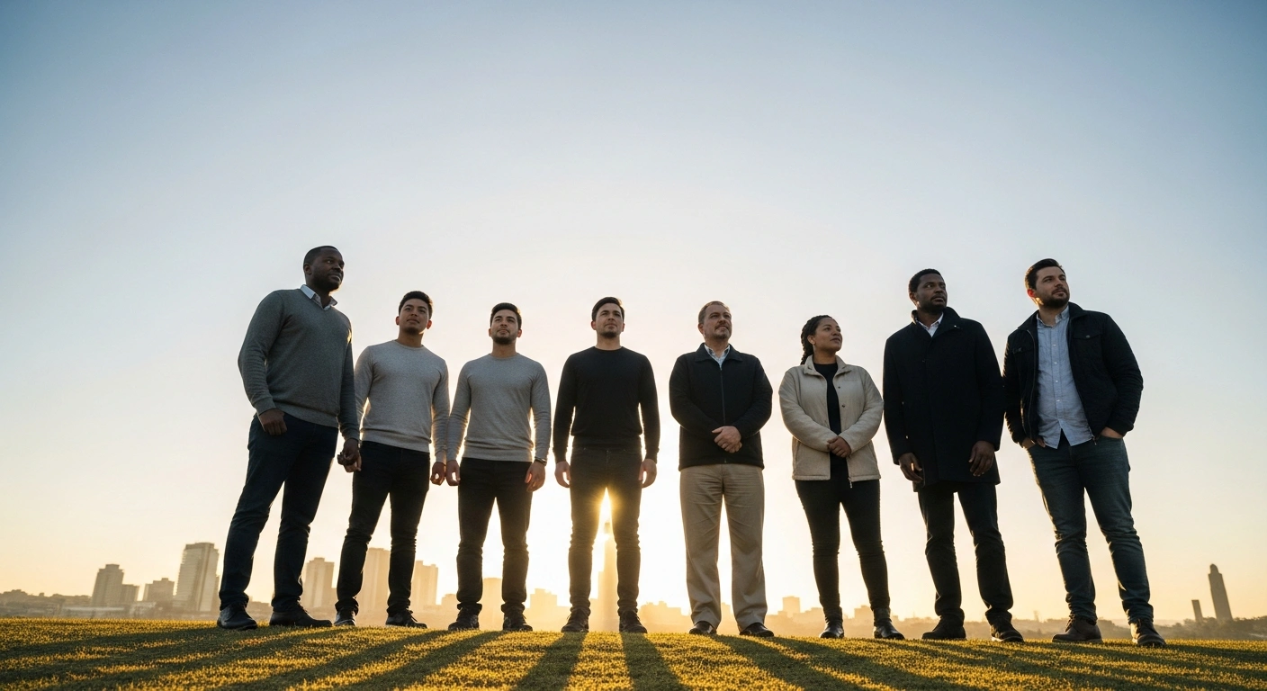 A diverse group of South Africans stands together on a rise, illuminated by a golden sunrise over a cityscape, their faces reflecting renewed optimism and surging public confidence in the national leadership following the May 2024 general elections and the formation of a Government of National Unity.