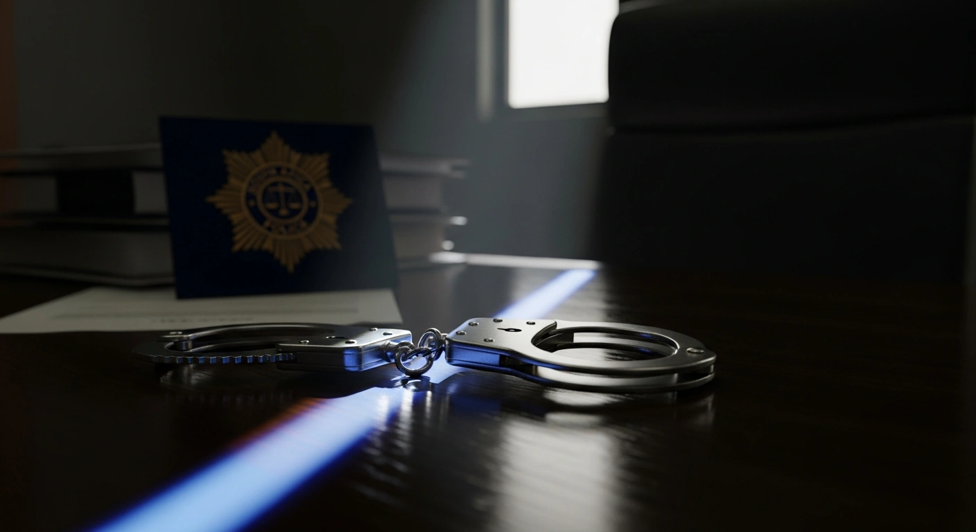 A pair of handcuffs rests on a desk in a South African police office following the arrest of a suspect linked to the murder of a corruption witness.