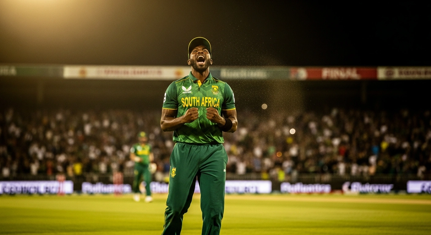 A South African cricket player celebrates a victory on the field after defeating New Zealand in the final T20 match of the series.