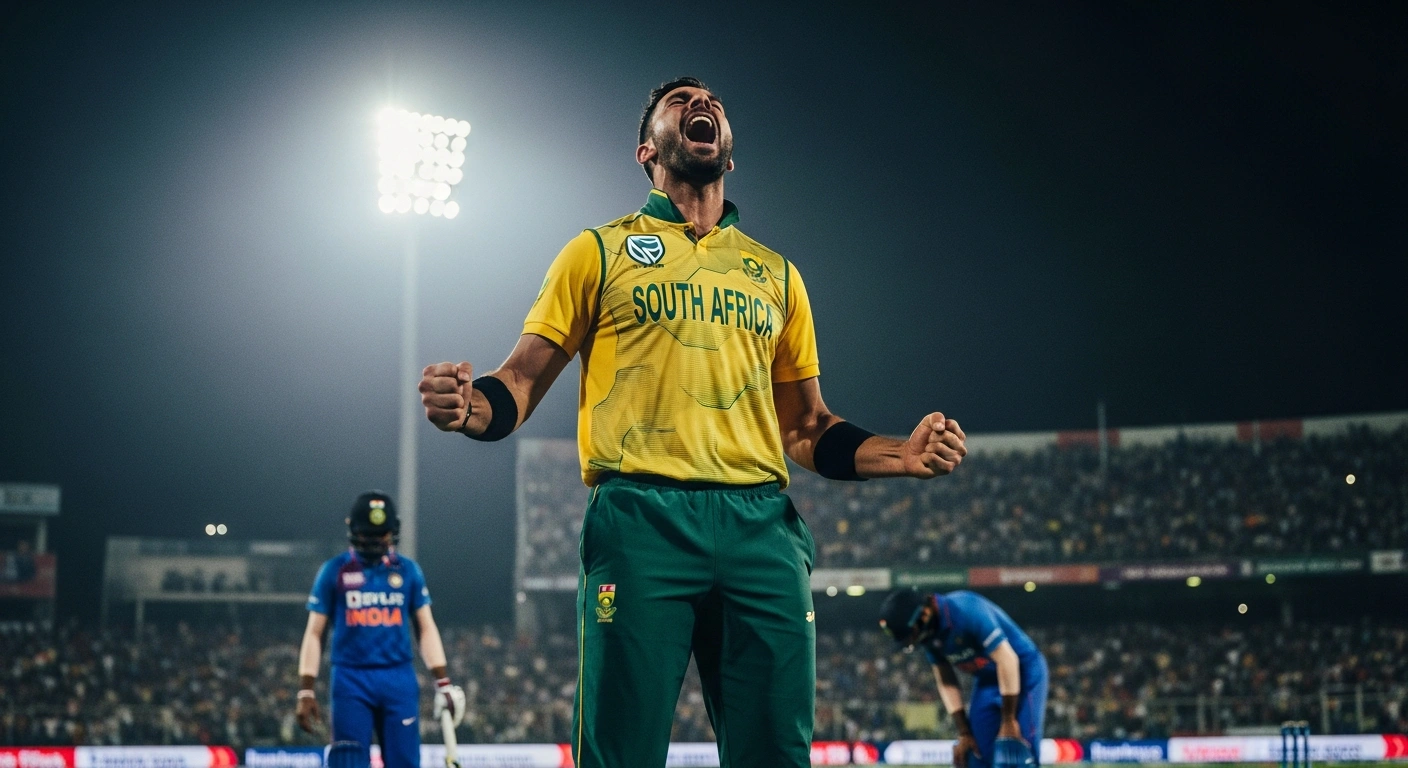A South African cricketer celebrates a commanding victory on the field under bright stadium lights, with a large crowd and opposing Indian players in the background.