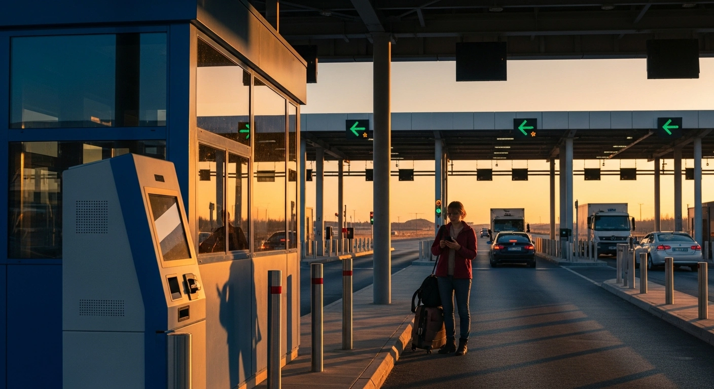 A traveler uses a smartphone to complete a digital declaration at a South African border crossing station with vehicles waiting in the background.