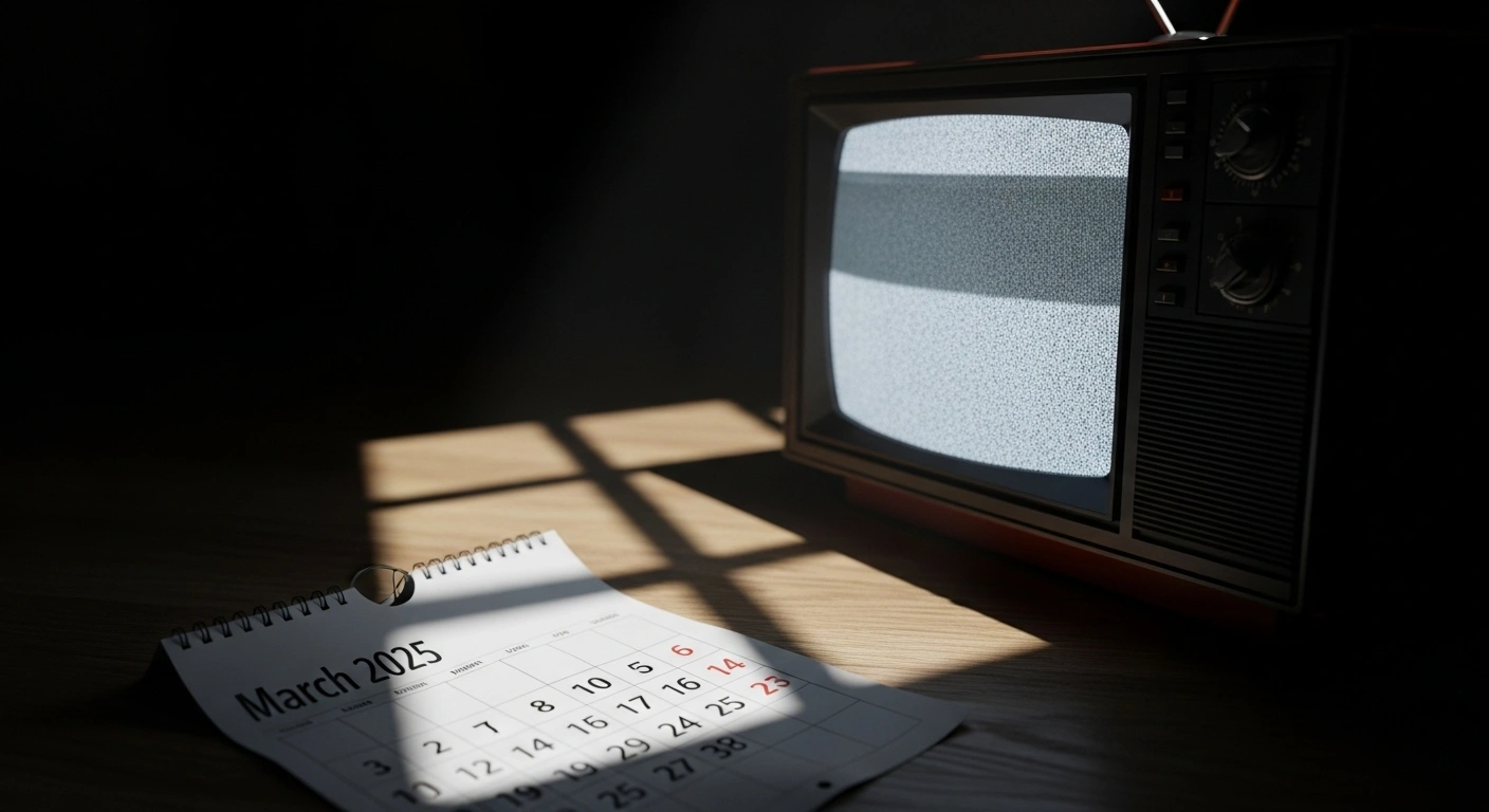 A vintage analogue television set displaying static is illuminated by moonlight, with a crumpled calendar page for March 2025 on the floor, symbolizing South Africa's delayed digital migration efforts and the US$46 million funding shortfall for the analogue TV switch-off, impacting set-top box distribution.