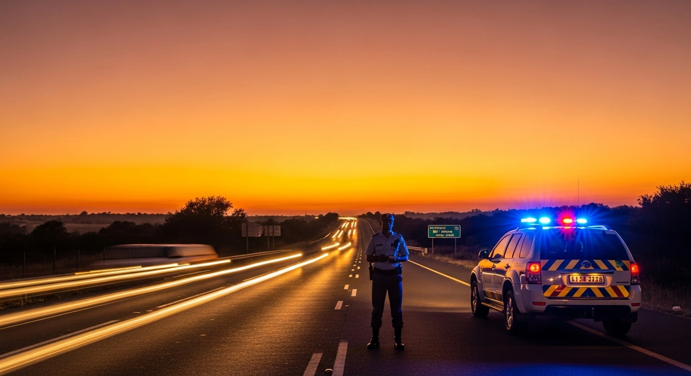 A South African traffic officer conducts a road safety patrol on a busy highway during the Easter holiday weekend.
