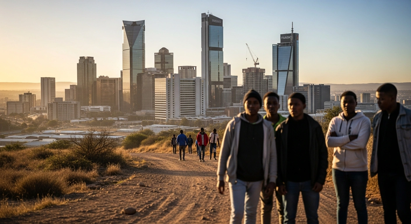 A wide-angle shot of a modern South African city skyline at dawn, with golden light illuminating new skyscrapers, symbolizing economic recovery and GDP growth, while a group of young people in the foreground represents persistent challenges like youth unemployment and inequality.