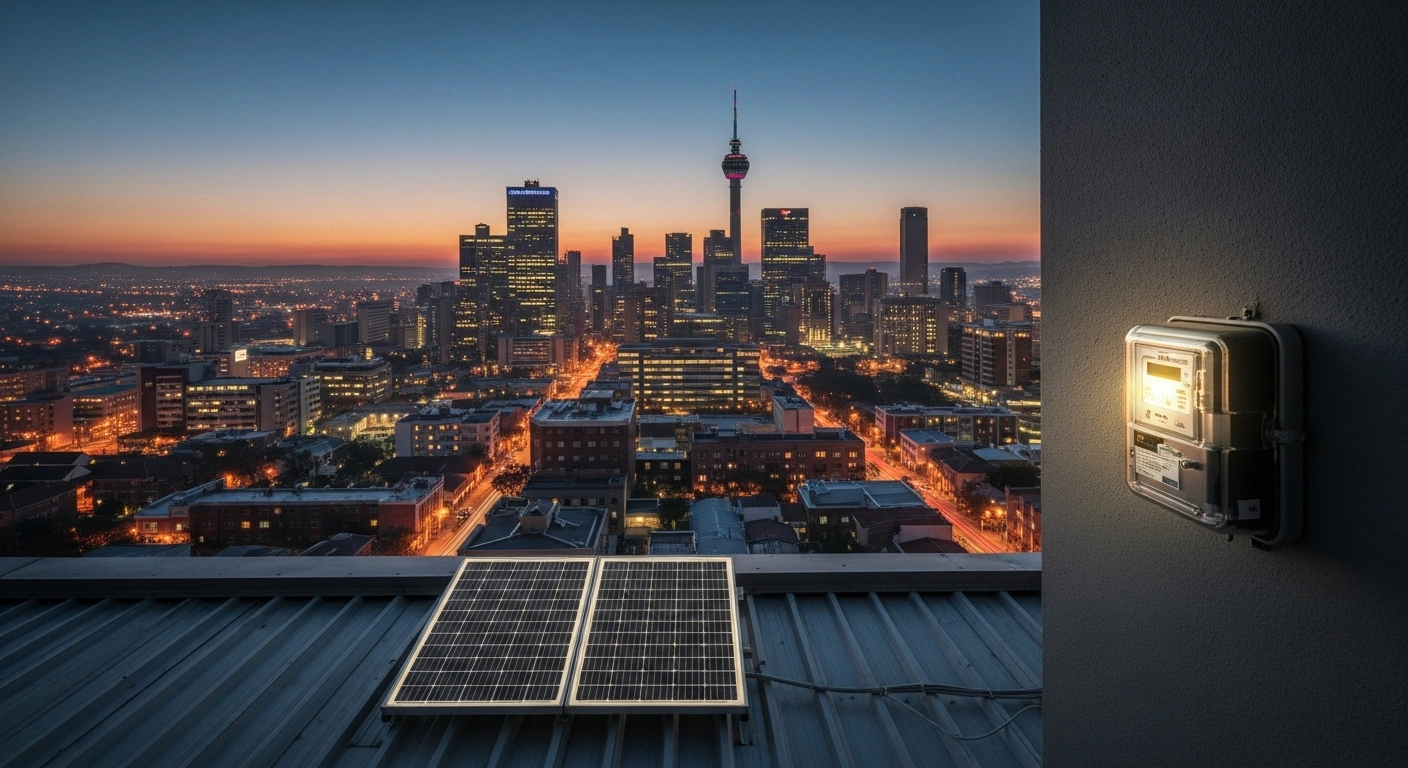 A wide, low-angle shot of the South African skyline at twilight shows city lights subdued in certain districts, indicating reduced power consumption due to new electricity regulations, with a glowing smart meter or solar panel in the foreground symbolizing the shift towards renewable energy and pressure alleviation on the national grid.