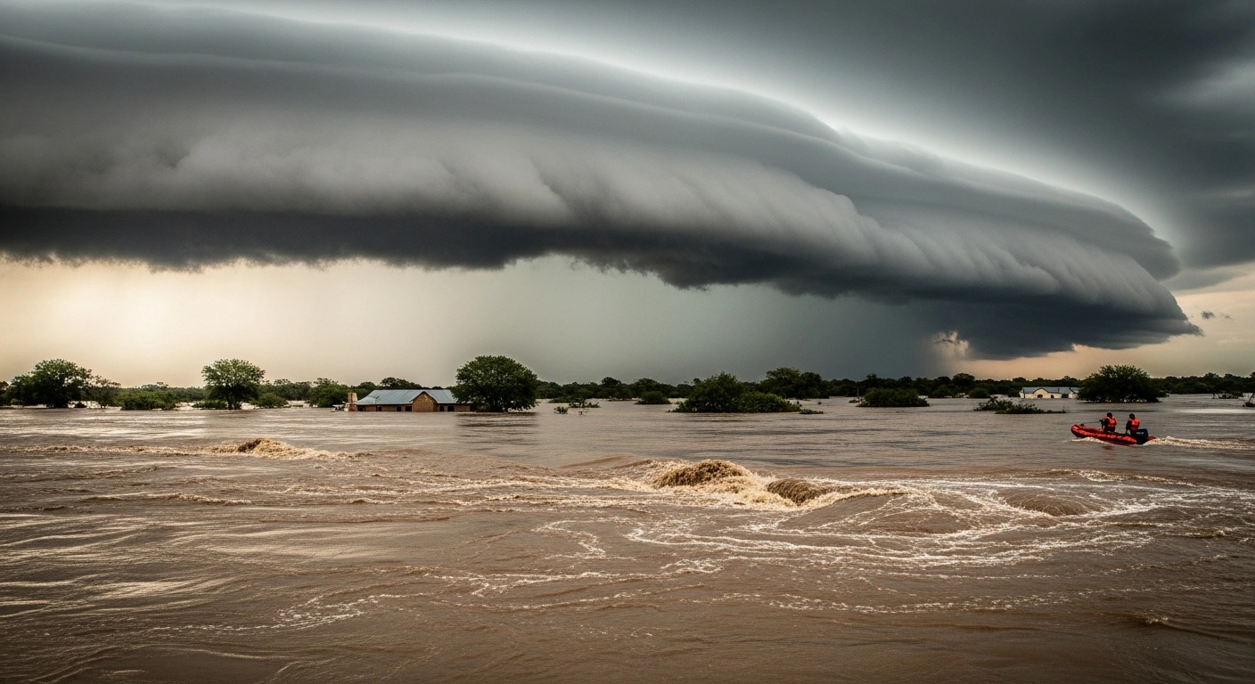 A wide, low-angle view shows severe flooding in South Africa's Limpopo and Mpumalanga provinces, with muddy waters engulfing a rural landscape, debris including a partially submerged school roof, and dark storm clouds overhead, illustrating the impact of a Red Level 10 storm warning and ongoing rescue operations.
