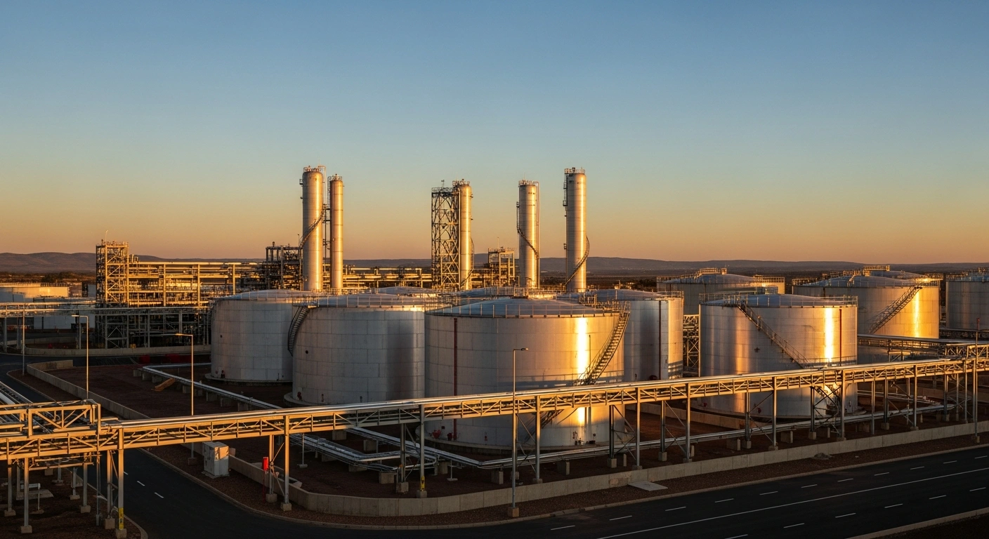 A modern fuel storage facility in South Africa stands under a sunset sky, representing the country's stable energy security and sufficient fuel supplies.