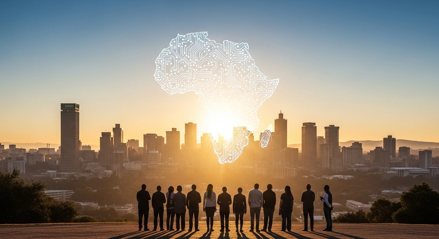 A wide-angle shot at dawn over the Johannesburg skyline shows diverse figures looking towards a glowing, digitally enhanced representation of the African continent, symbolizing South Africa's 2025 G20 presidency focusing on cultural heritage, social and economic strategies, digital technology, and climate action under the theme 'Solidarity, Equality, Sustainability'.