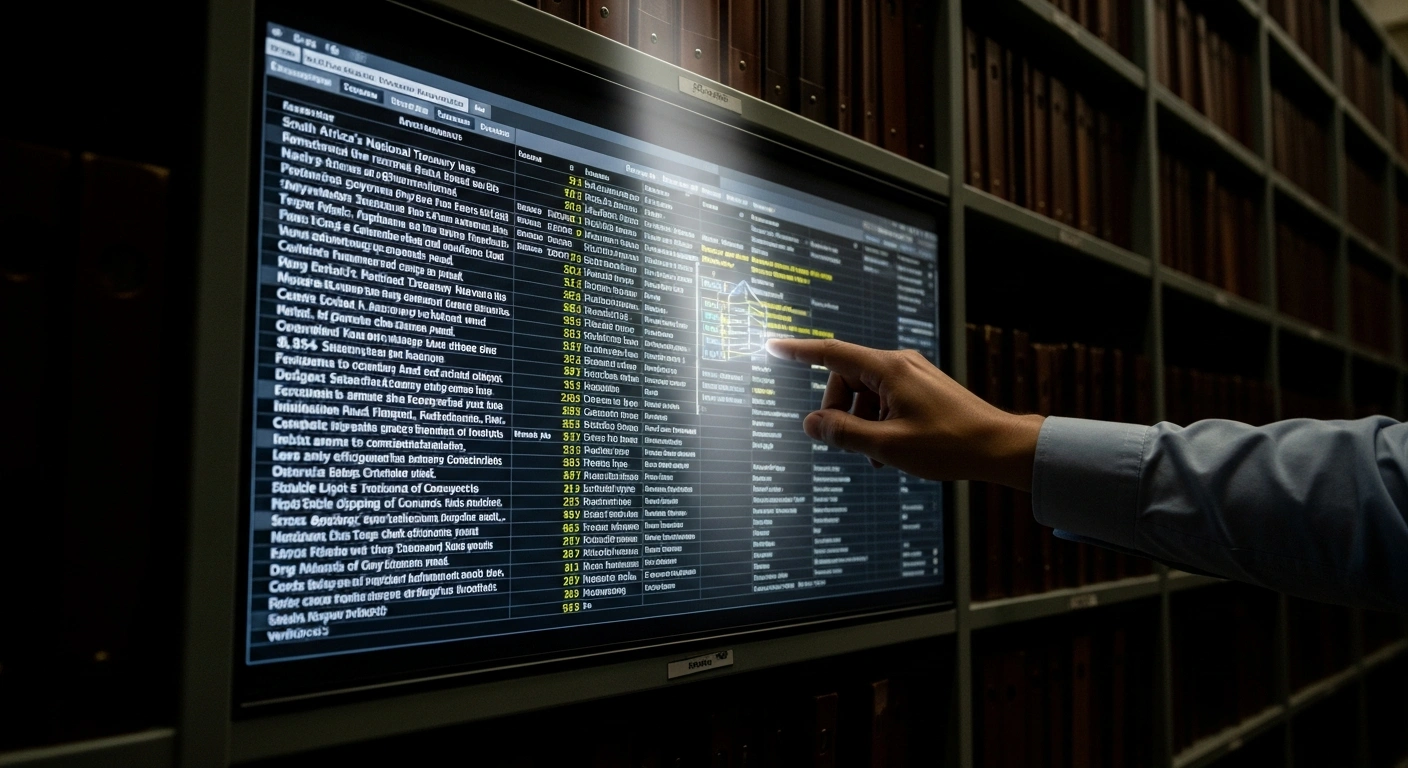 A close-up shot shows an anonymous hand deleting phantom entries on a digital government payroll ledger, symbolizing South Africa's National Treasury removing ghost workers to combat fraud and recover public funds.