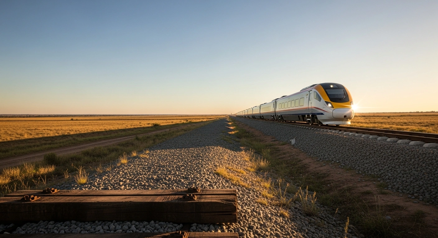 A photorealistic image depicting a futuristic high-speed train on a new track in the South African landscape at sunset, symbolizing the planned Gauteng-Limpopo line projected for 2030 completion, contrasting with an abandoned railway sleeper representing the missed 2025 deadline for high-speed rail.